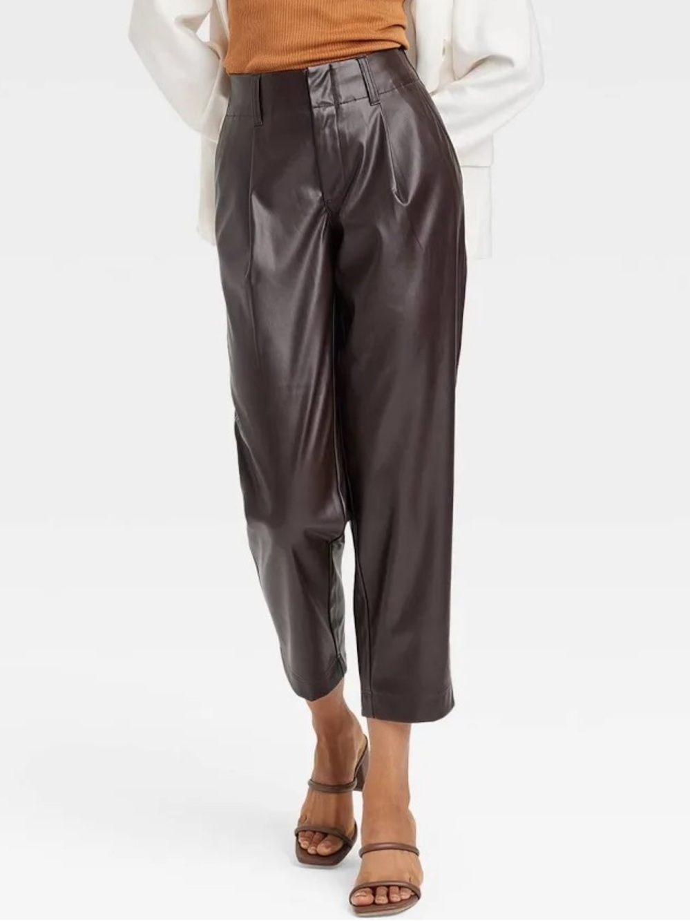 New A New Day Women's High-Rise Tapered Faux Leather Chocolate Satin Ankle Pants